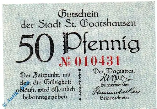 Notgeld Sankt Goarshausen , 50 Pfennig Schein , Tieste 6415.05.04 , Rheinland Verkehrsausgabe