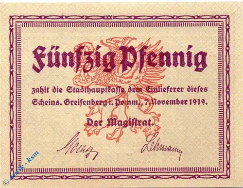 Notgeld Greifenberg , 50 Pfennig Schein , 3 Monate nach .. , Tieste 2435.05.11 , von 1919 , Pommern Verkehrsausgabe
