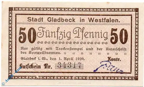 Notgeld Gladbeck , 50 Pfennig Schein , Tieste 2240.05.80 , von 1920 , Westfalen Verkehrsausgabe