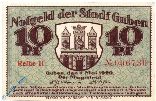 Notgeld Guben , 10 Pfennig Schein , Reihe 2 , Tieste 2650.05.05 , von 1920 , Brandenburg Verkehrsausgabe
