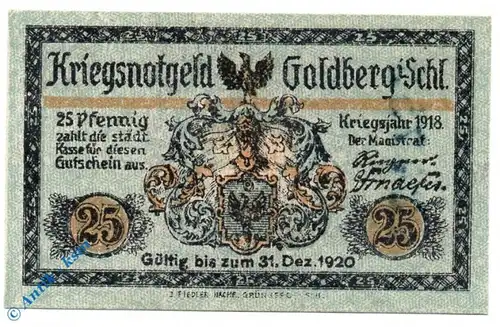 Notgeld Goldberg , 25 Pfennig Schein , mit Wz , Tieste 2340.05.05 , von 1918 , Schlesien Verkehrsausgabe