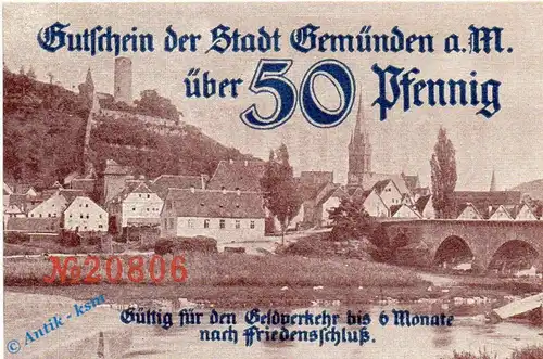 Notgeld Gemünden , 50 Pfennig Schein braun in kfr. 16 bis 21.000 , Tieste 2170.05.10 , Bayern Verkehrsausgabe