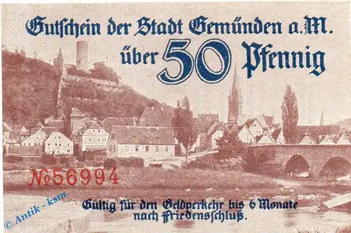 Notgeld Gemünden , 50 Pfennig Schein braun in kfr. 54 bis 57.000 , Tieste 2170.05.15 , Bayern Verkehrsausgabe