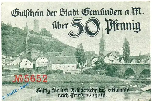 Notgeld Gemünden , 50 Pfennig Schein grün in kfr. Kn bis 16.000 , Tieste 2170.05.01 , Bayern Verkehrsausgabe