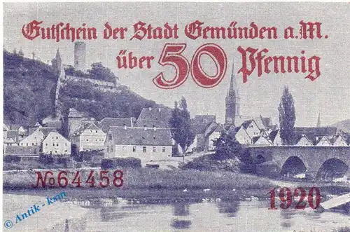Notgeld Gemünden , 50 Pfennig Schein violet in kfr. o. Verfallszeit , Tieste 2170.05.45 , Bayern Verkehrsausgabe