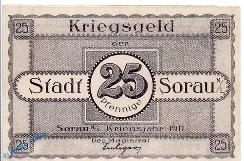 Notgeld Sorau , 25 Pfennig Schein in kfr. Tieste 6995.05.03 , von 1917 , Brandenburg Verkehrsausgabe
