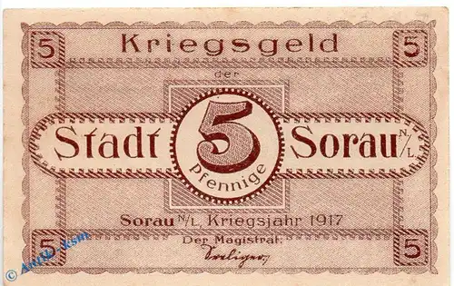 Notgeld Sorau , 5 Pfennig Schein in kfr. Tieste 6995.05.01 , von 1917 , Brandenburg Verkehrsausgabe