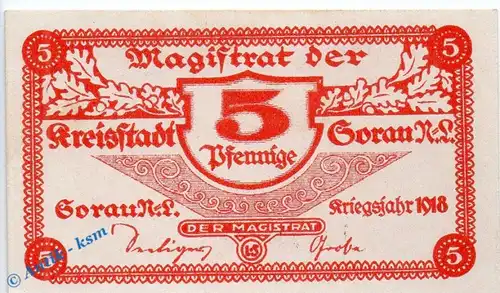 Notgeld Sorau , 5 Pfennig Schein o. Wz in kfr. Tieste 6995.05.20 , von 1918 , Brandenburg Verkehrsausgabe