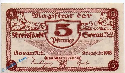 Notgeld Sorau , 5 Pfennig Schein in kfr. Wz helle Kreuze , Tieste 6995.05.15 , von 1918 , Brandenburg Verkehrsausgabe