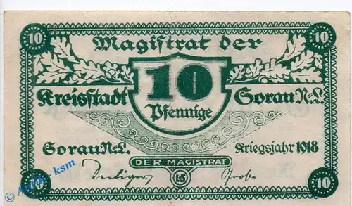 Notgeld Sorau , 10 Pfennig Schein in f-kfr. Wz helle Kreuze , Tieste 6995.05.16 , von 1918 , Brandenburg Verkehrsausgabe