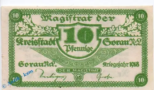Notgeld Sorau , 10 Pfennig Schein in kfr. Wz Kreuzmäander , Tieste 6995.05.21 , von 1918 , Brandenburg Verkehrsausgabe