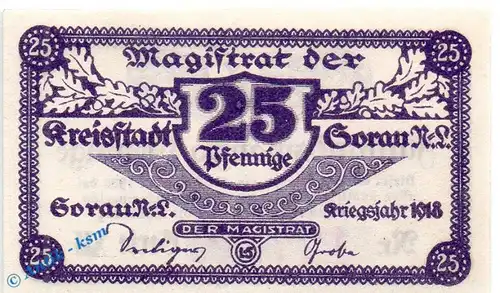 Notgeld Sorau , 25 Pfennig Schein in kfr. Wz Kreuzmäander , Tieste 6995.05.22 , von 1918 , Brandenburg Verkehrsausgabe