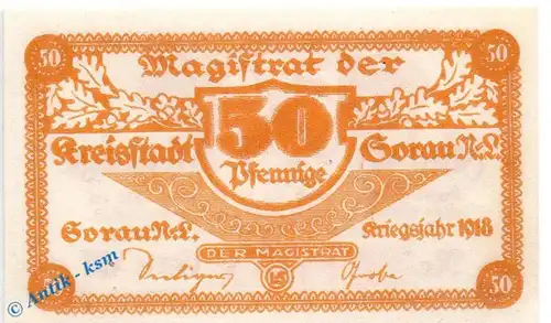 Notgeld Sorau , 50 Pfennig Schein in kfr. Wz Kreuzmäander , Tieste 6995.05.23 , von 1918 , Brandenburg Verkehrsausgabe