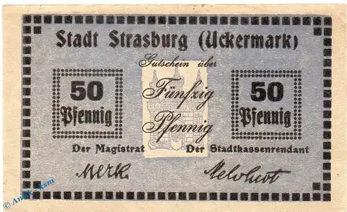 Notgeld Strasburg , 50 Pfennig Schein mit Wz in kfr. Tieste 7165.10.06 , Brandenburg Verkehrsausgabe