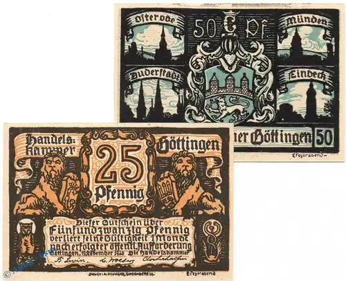 Notgeld Göttingen , Set mit 2 Scheinen in kfr. Tieste 2320.10.30-31 , von 1920 , Niedersachsen Verkehrsausgabe