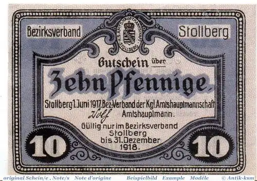 Notgeld Amtshauptmannschaft Stollberg 1705.05.01 , 10 Pfennig Schein in kfr. von 1917 , Sachsen Verkehrsausgabe