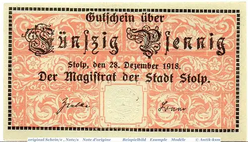 Notgeld Stadt Stolp 7160.05.35 , 50 Pfennig Schein in kfr. von 1918 , Pommern Verkehrsausgabe