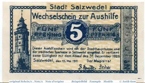 Notgeld der Stadt Salzwedel 6375.10.55 , 5 Pfennig Schein in kfr. von 1917 , Sachsen Anhalt Verkehrsausgabe