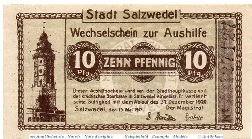Notgeld der Stadt Salzwedel 6375.10.60 , 10 Pfennig Schein in kfr. von 1917 , Sachsen Anhalt Verkehrsausgabe