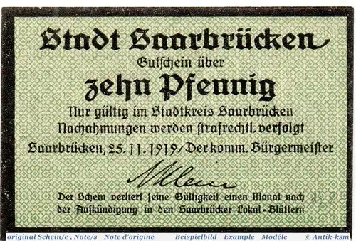 Notgeld der Stadt Saarbrücken 6335.10.15 , 10 Pfennig Schein in kfr. von 1919 , Rheinland Verkehrsausgabe