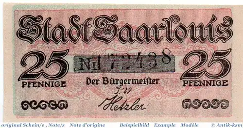 Notgeld der Stadt Saarlouis 6350.05.50 , 25 Pfennig Schein in kfr. von 1920 , Rheinland Verkehrsausgabe