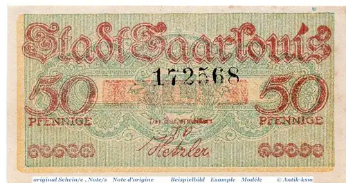 Notgeld der Stadt Saarlouis 6350.05.60 , 50 Pfennig Schein in kfr. von 1920 , Rheinland Verkehrsausgabe