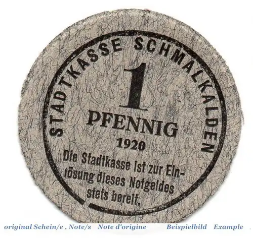 Notgeld der Stadt Schmalkalden 6585.10.05 , 1 Pfennig Schein in kfr. von 1920 , Hessen Verkehrsausgabe