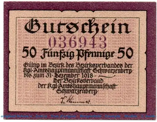 Notgeld Amtshauptmannschaft Schwarzenberg 6755.05.05 , 50 Pfennig Schein in kfr. bis 1918 , Sachsen Verkehrsausgabe