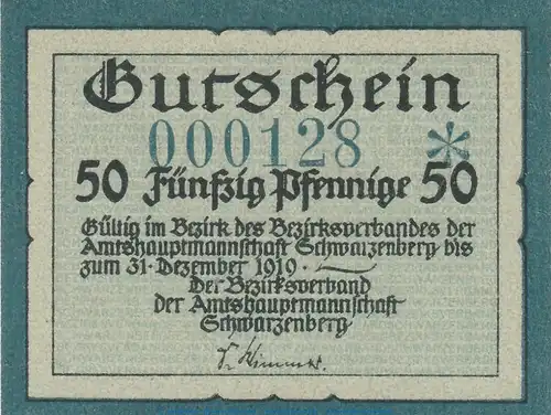 Notgeld Amtshauptmannschaft Schwarzenberg , 50 Pfennig Schein in kfr. Tieste 6755.05.10 o.D. Sachsen Verkehrsausgabe