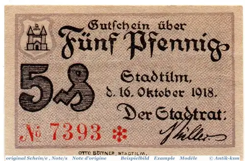 Notgeld der Stadt Stadtilm 7050.05.01 , 5 Pfennig Schein in kfr. von 1918 , Thüringen Verkehrsausgabe