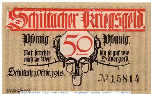 Notgeld der Stadt Schiltach 6510.05.01 , 50 Pfennig Schein in kfr. von 1918 , Baden Verkehrsausgabe