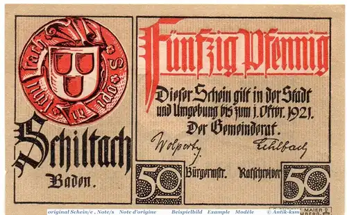 Notgeld der Stadt Schiltach 6510.05.05 , 50 Pfennig Schein in kfr. von 1918 , Baden Verkehrsausgabe