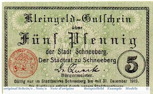 Notgeld der Stadt Schneeberg 6600.05.05 , 5 Pfennig Schein in kfr. o.D. Sachsen Verkehrsausgabe