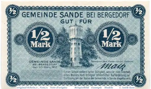 Notgeld Gemeinde Sande , 0,5 Mark Musterschein o. Kn in kfr. 6395.05.01.M , von 1917 , Schleswig Holstein Verkehrsausgabe