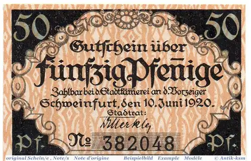 Notgeld der Stadt Schweinfurt , 50 Pfennig Schein in kfr. 6780.05.25 , von 1920 , Bayern Verkehrsausgabe