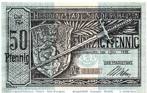 Notgeld der Stadt Sondershausen , 50 Pfennig Schein in kfr. 6980.10.05 , von 1918 , Thüringen Verkehrsausgabe