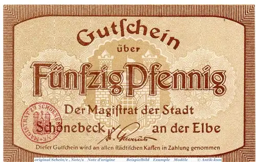 Notgeld der Stadt Schönebeck , 50 Pfennig Schein in kfr. 6635.05.20 , o.D. Sachsen Verkehrsausgabe