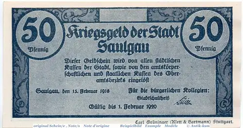 Notgeld der Stadt Saulgau , 50 Pfennig Schein in kfr. 6435.05.02 , von 1918 , Württemberg Verkehrsausgabe