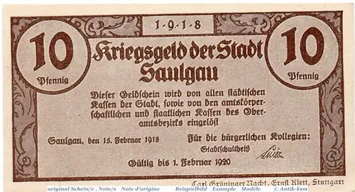 Notgeld der Stadt Saulgau , 10 Pfennig Schein in kfr. 6435.05.10 , von 1918 , Württemberg Verkehrsausgabe