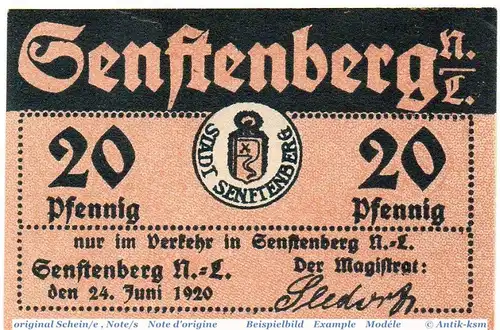 Notgeld der Stadt Senftenberg , 20 Pfennig Schein in kfr. 6870.10.07 , von 1920 , Brandenburg Verkehrsausgabe