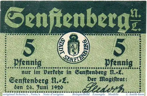Notgeld der Stadt Senftenberg , 5 Pfennig Schein in kfr. 6870.10.05 , von 1920 , Brandenburg Verkehrsausgabe