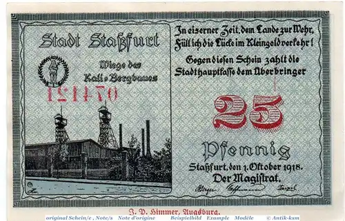 Notgeld der Stadt Staßfurt , 25 Pfennig Schein in kfr. 7085.15.01 , von 1918 , Sachsen Anhalt Verkehrsausgabe