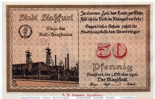Notgeld der Stadt Staßfurt , 50 Pfennig Schein in kfr. 7085.15.02 , von 1918 , Sachsen Anhalt Verkehrsausgabe