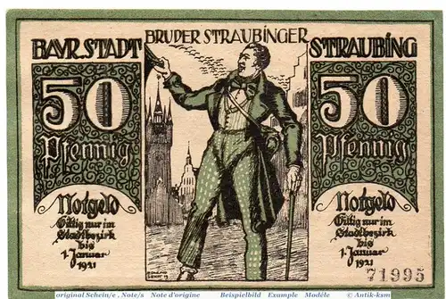 Notgeld der Stadt Straubing , 50 Pfennig Schein in kfr. 7128.05.35 , von 1919 , Bayern Verkehrsausgabe