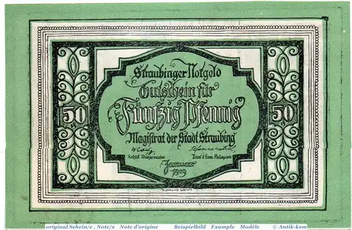 Notgeld der Stadt Straubing , 50 Pfennig Schein in kfr. 7128.05.50 , von 1919 , Bayern Verkehrsausgabe