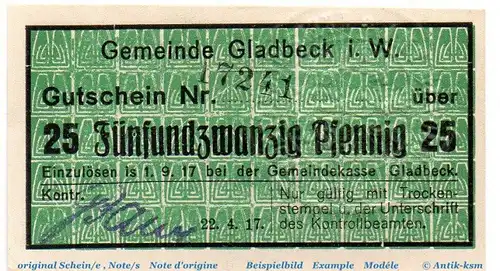 Notgeld Stadt Gladbeck 2240.05.06 , 25 Pfennig Schein in kfr. von 1917 , Westfalen Verkehrsausgabe