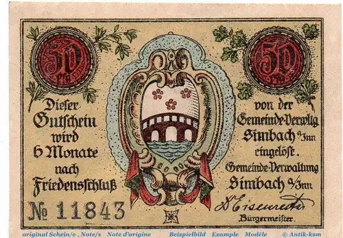 Notgeld Gemeinde Simbach 6920.05.01 , 50 Pfennig Schein in kfr. o.D. Bayern Verkehrsausgabe