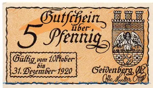 Notgeld Otto Müller Seidenberg 6840.05.05 , 5 Pfennig Schein in kfr. von 1920 , Schlesien Verkehrsausgabe