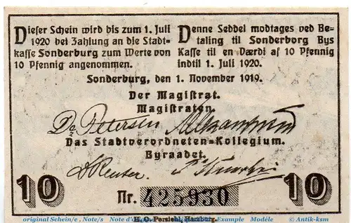 Notgeld Stadt Sonderburg , 10 Pfennig Schein mit Drfa. in kfr. von 1919 , dänisch Nordschleswig Verkehrsausgabe