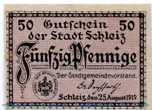 Notgeld Stadt Schleiz 6550.05.12 , 50 Pfennig Bergkirche in kfr. von 1919 , Reuss j. Linie Verkehrsausgabe
